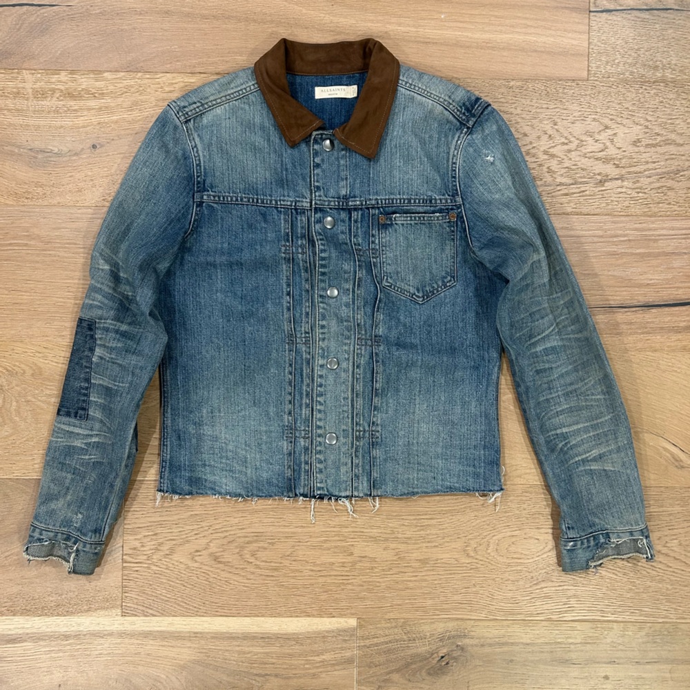 All Saints denim jacket with suede collar and distressing